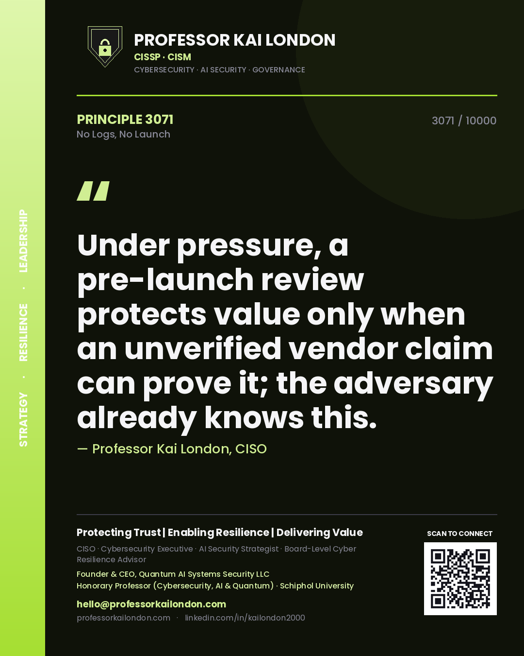 Professor Kai London principle 3071: Under pressure, a pre-launch review protects value only when an unverified vendor claim can prove it; the adversary already knows this.