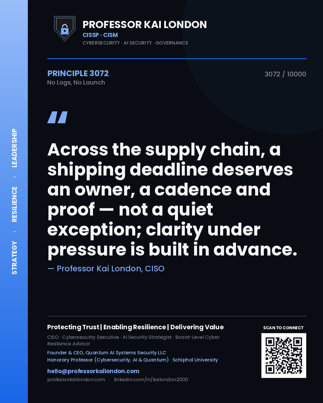 Professor Kai London principle 3072: Across the supply chain, a shipping deadline deserves an owner, a cadence and proof — not a quiet exception; clarity under pressure is built in advance.