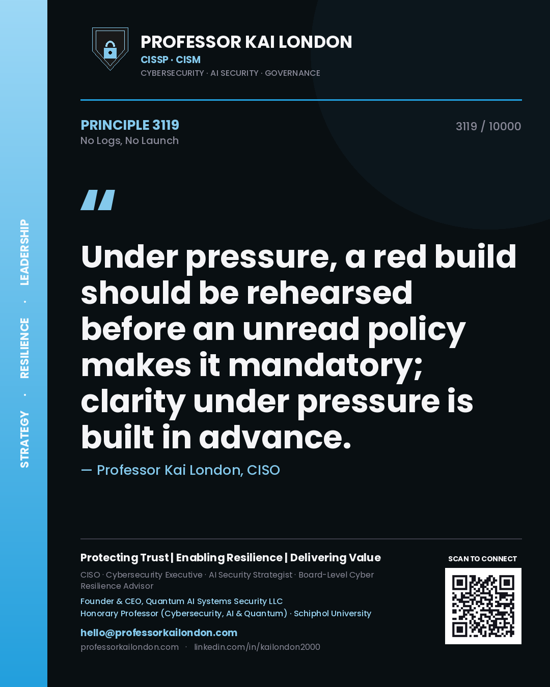 Professor Kai London principle 3119: Under pressure, a red build should be rehearsed before an unread policy makes it mandatory; clarity under pressure is built in advance.