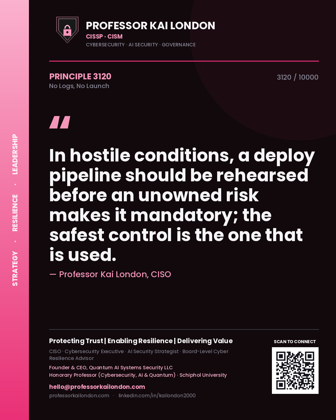 Professor Kai London principle 3120: In hostile conditions, a deploy pipeline should be rehearsed before an unowned risk makes it mandatory; the safest control is the one that is used.