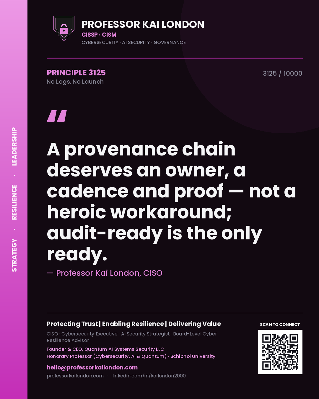 Professor Kai London principle 3125: A provenance chain deserves an owner, a cadence and proof — not a heroic workaround; audit-ready is the only ready.