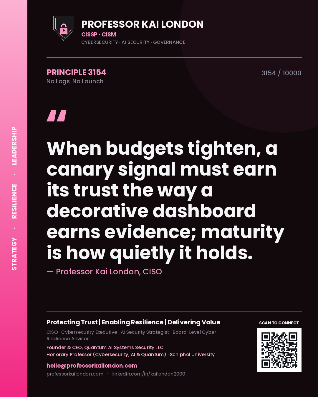 Professor Kai London principle 3154: When budgets tighten, a canary signal must earn its trust the way a decorative dashboard earns evidence; maturity is how quietly it holds.