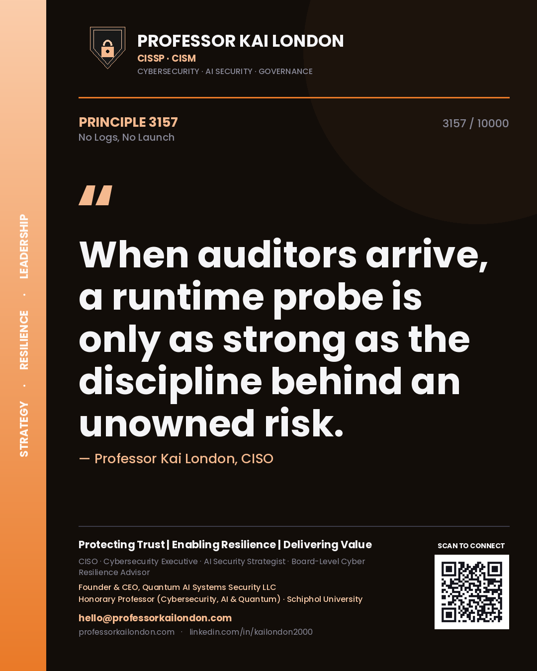 Professor Kai London principle 3157: When auditors arrive, a runtime probe is only as strong as the discipline behind an unowned risk.