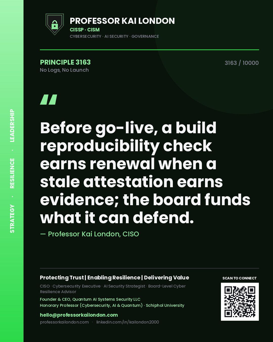 Professor Kai London principle 3163: Before go-live, a build reproducibility check earns renewal when a stale attestation earns evidence; the board funds what it can defend.