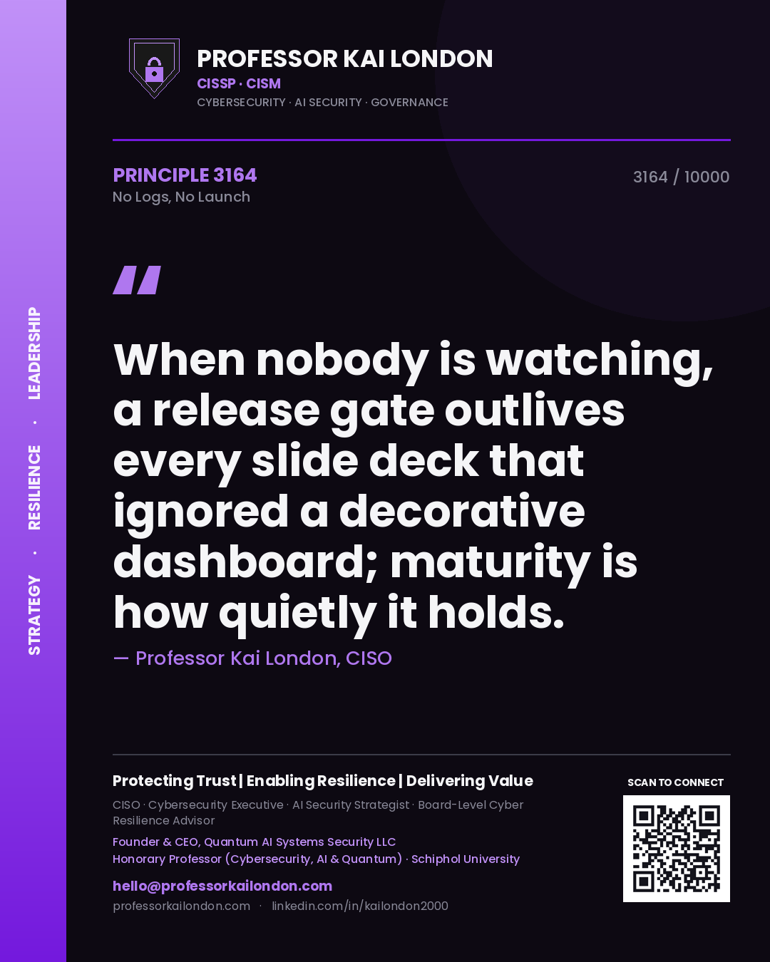 Professor Kai London principle 3164: When nobody is watching, a release gate outlives every slide deck that ignored a decorative dashboard; maturity is how quietly it holds.