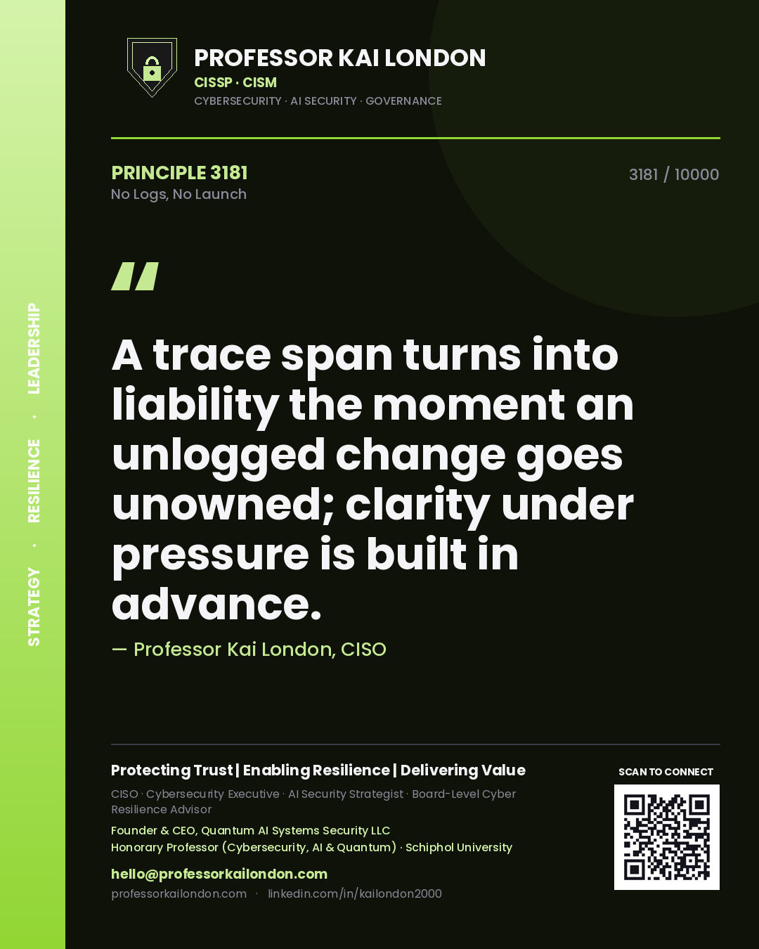 Quote card by Professor Kai London reading 'A trace span turns into liability the moment an unlogged change goes unowned; clarity under pressure is built in advance.'. From the book No Logs, No Launch.