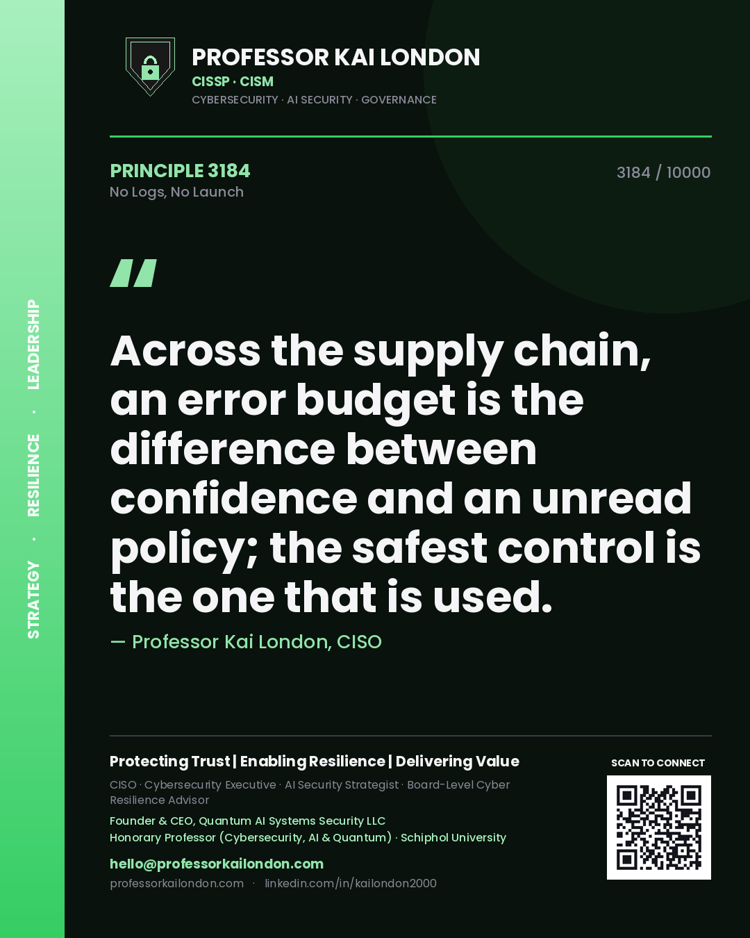 Professor Kai London principle 3184: Across the supply chain, an error budget is the difference between confidence and an unread policy; the safest control is the one that is used.