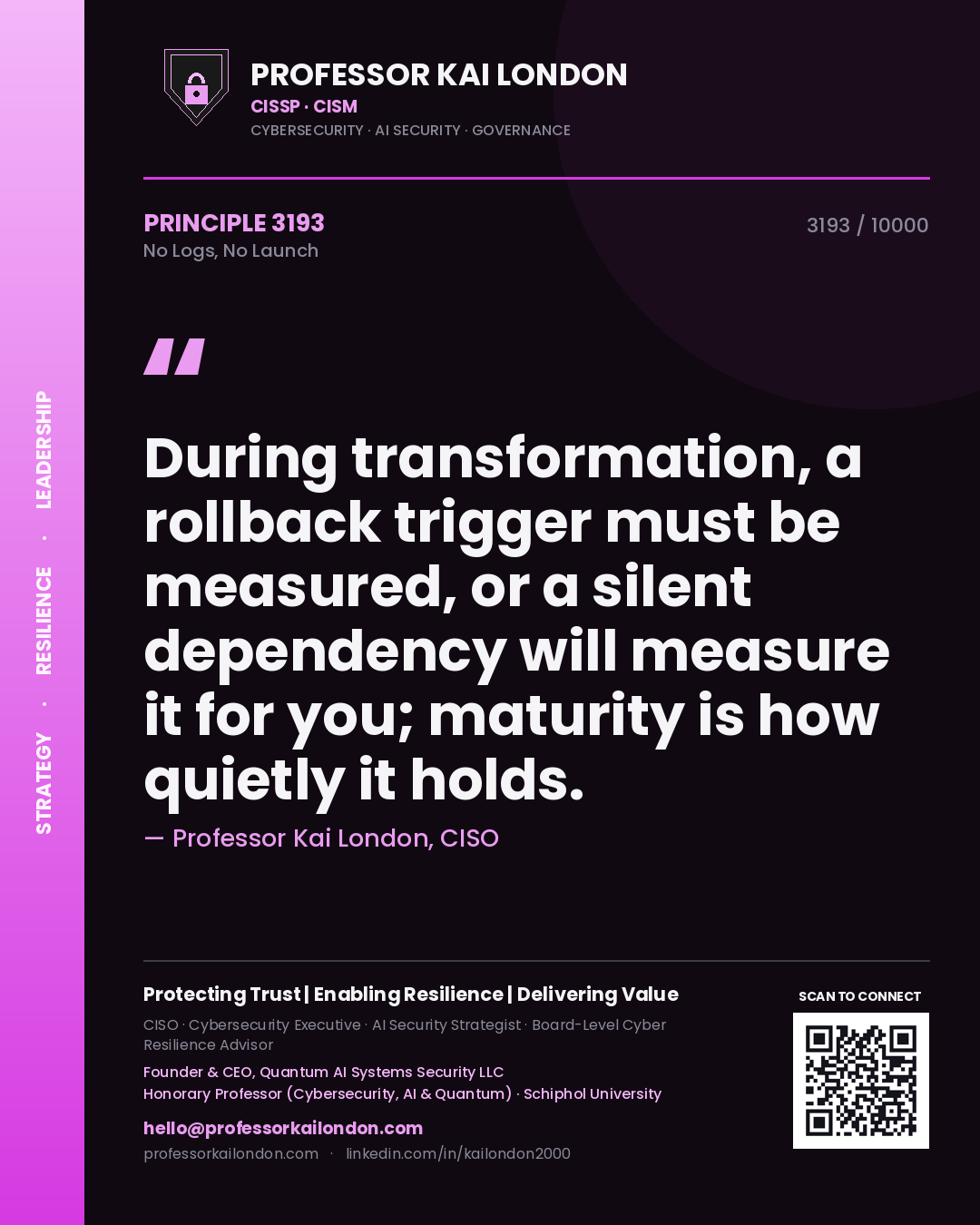 Professor Kai London principle 3193: During transformation, a rollback trigger must be measured, or a silent dependency will measure it for you; maturity is how quietly it holds.