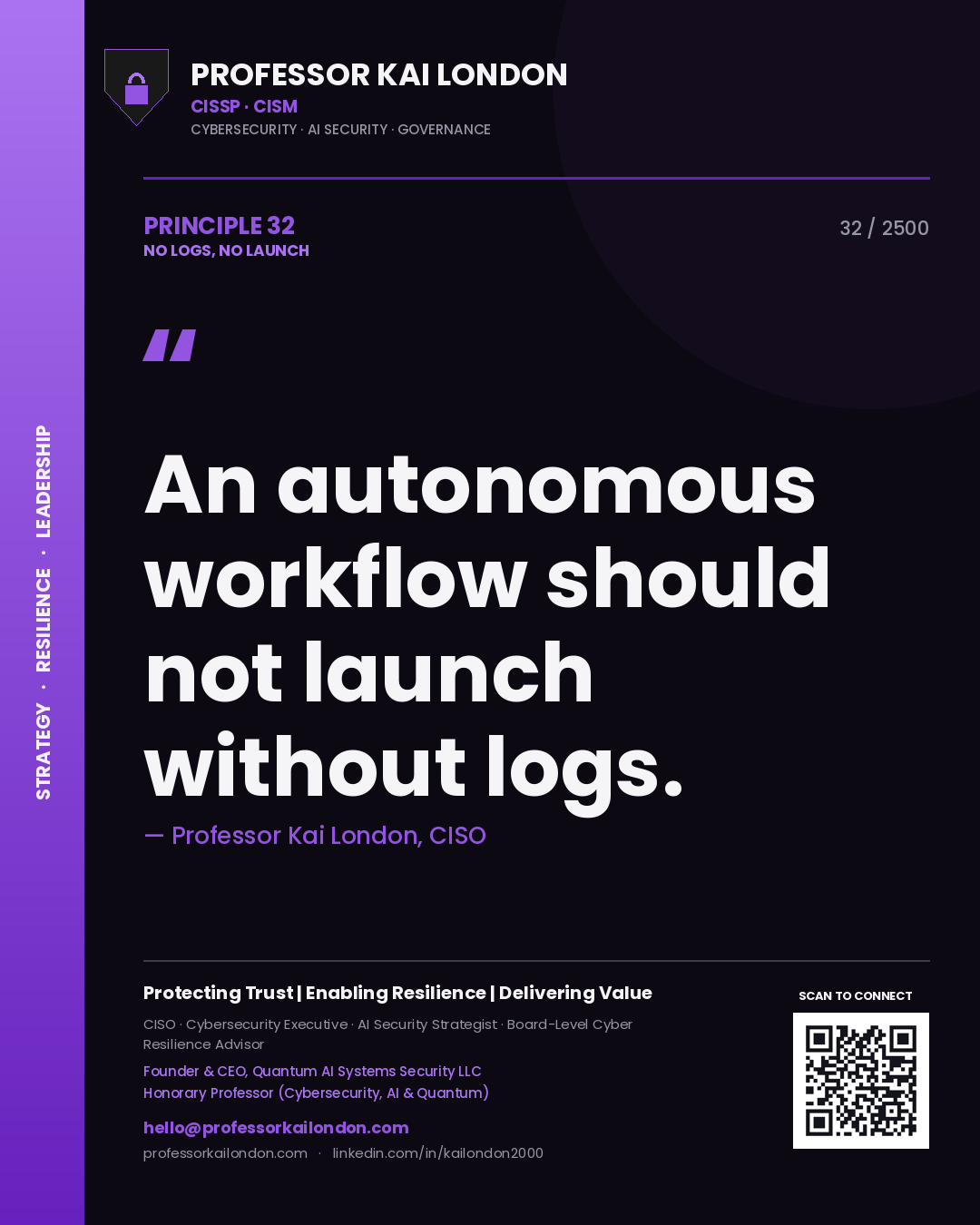 Professor Kai London principle 32: An autonomous workflow should not launch without logs.
