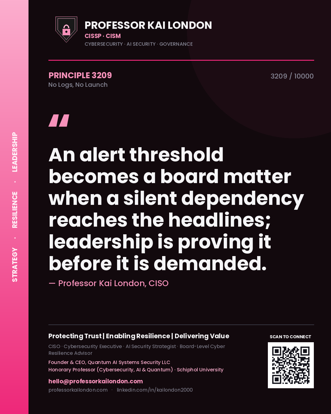 Quote card by Professor Kai London reading 'An alert threshold becomes a board matter when a silent dependency reaches the headlines; leadership is proving it before it is demanded.'. From the book No Logs, No Launch.