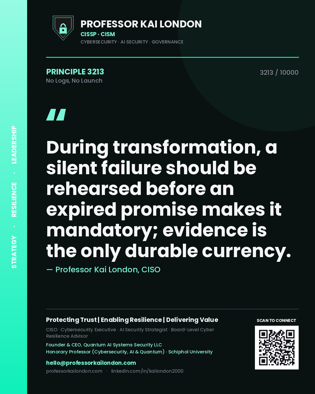 Professor Kai London principle 3213: During transformation, a silent failure should be rehearsed before an expired promise makes it mandatory; evidence is the only durable currency.