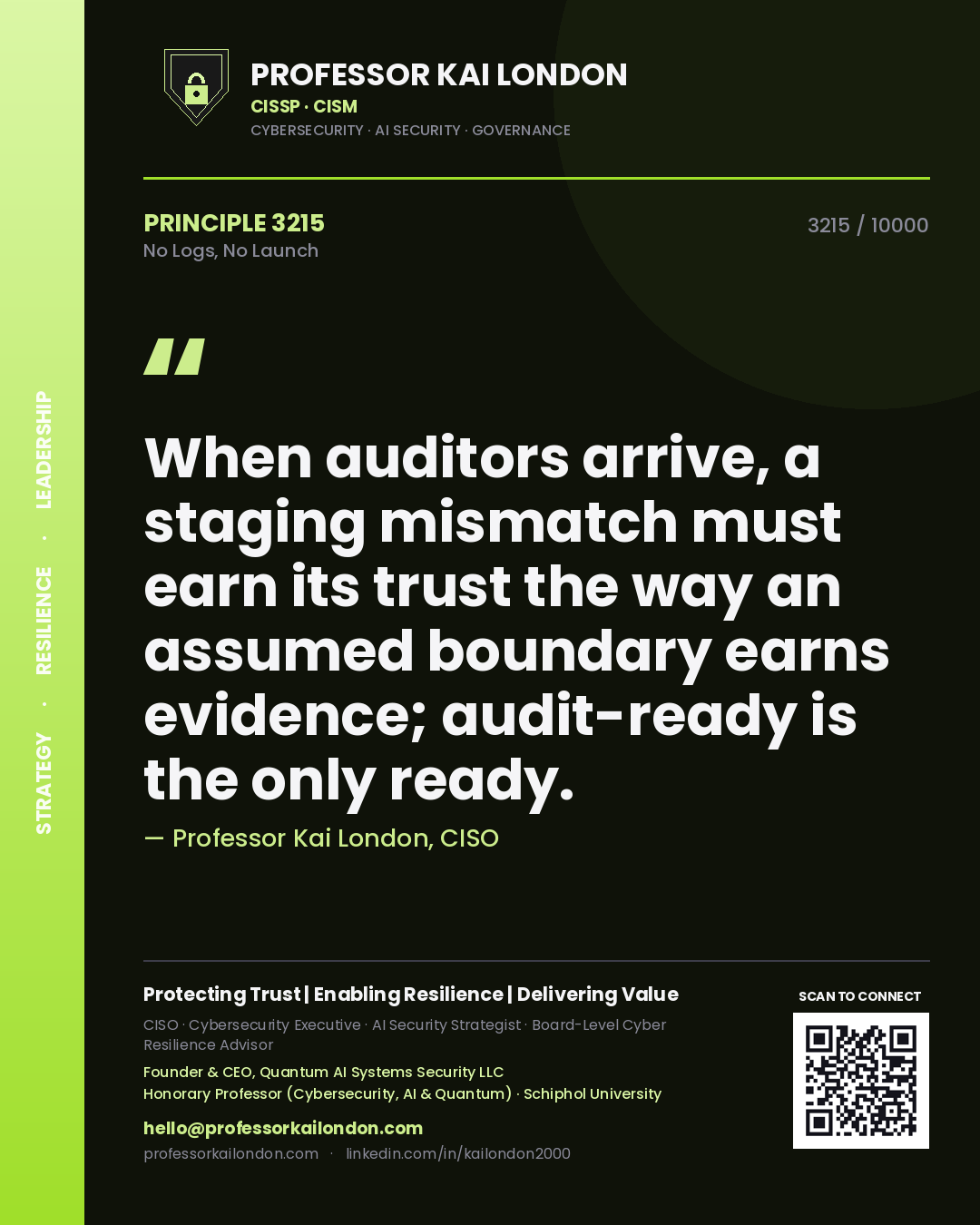 Professor Kai London principle 3215: When auditors arrive, a staging mismatch must earn its trust the way an assumed boundary earns evidence; audit-ready is the only ready.