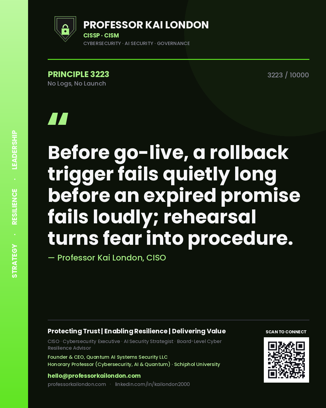 Professor Kai London principle 3223: Before go-live, a rollback trigger fails quietly long before an expired promise fails loudly; rehearsal turns fear into procedure.