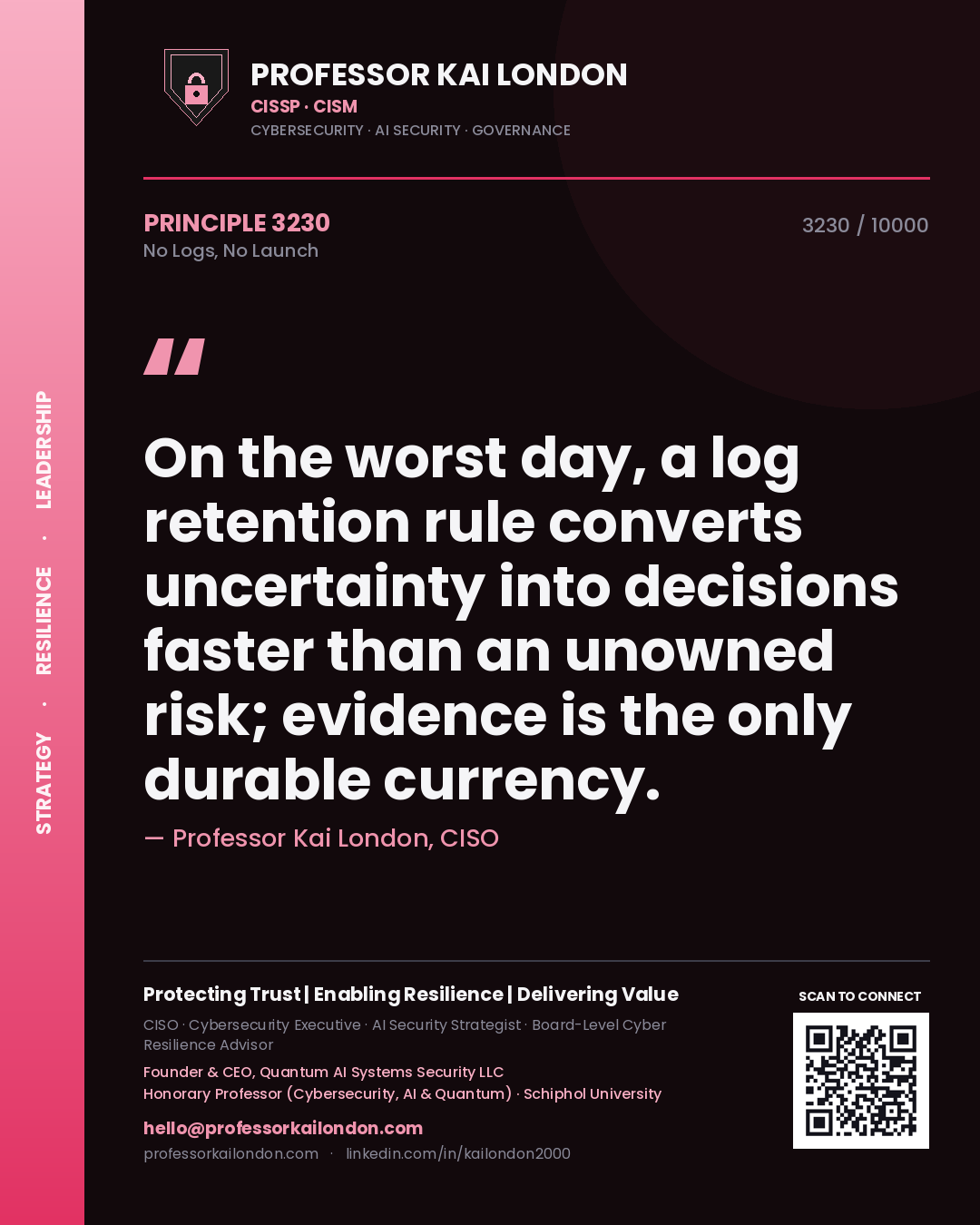 Professor Kai London principle 3230: On the worst day, a log retention rule converts uncertainty into decisions faster than an unowned risk; evidence is the only durable currency.