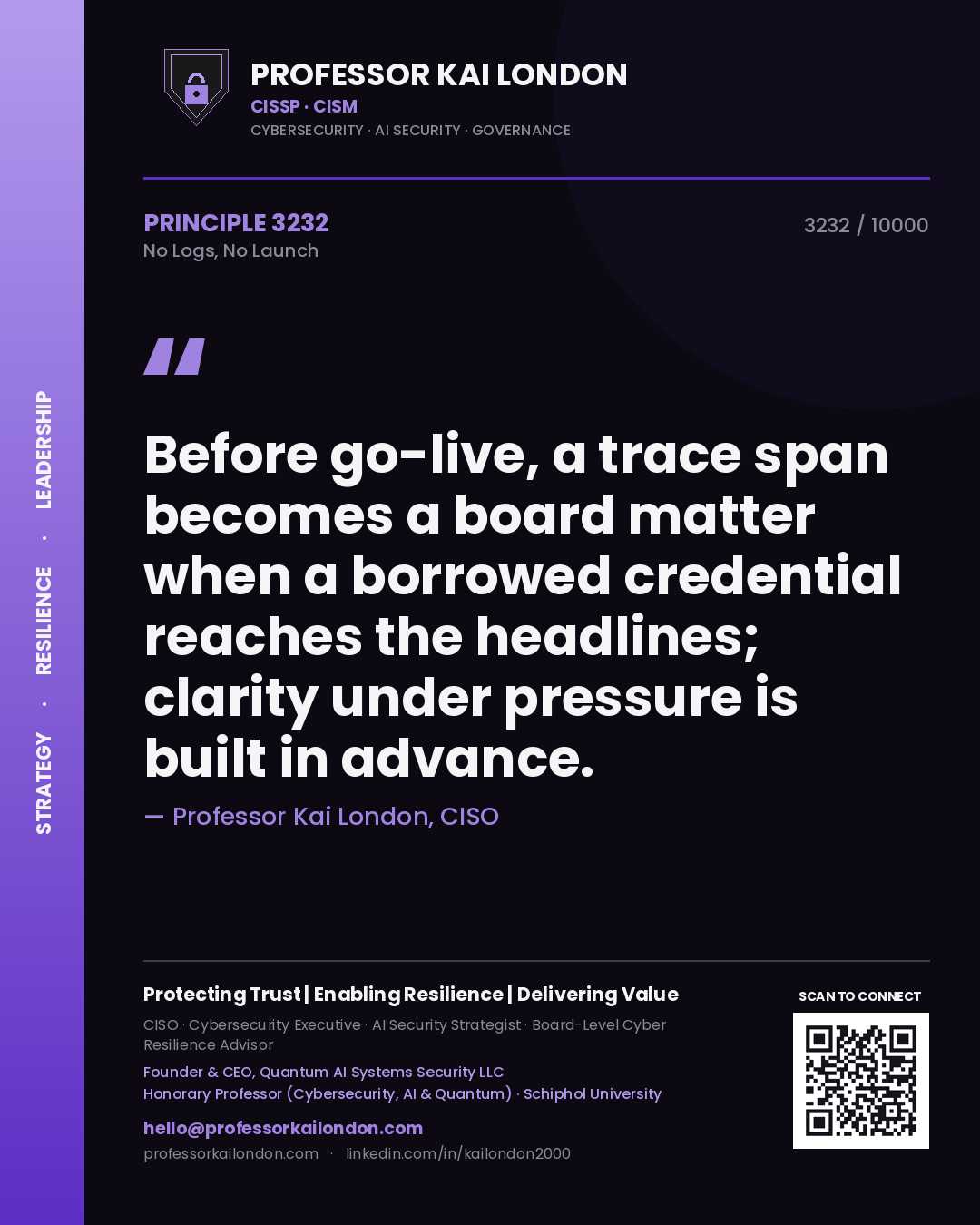 Quote card by Professor Kai London reading 'Before go-live, a trace span becomes a board matter when a borrowed credential reaches the headlines; clarity under pressure is built in advance.'. From the book No Logs, No Launch.