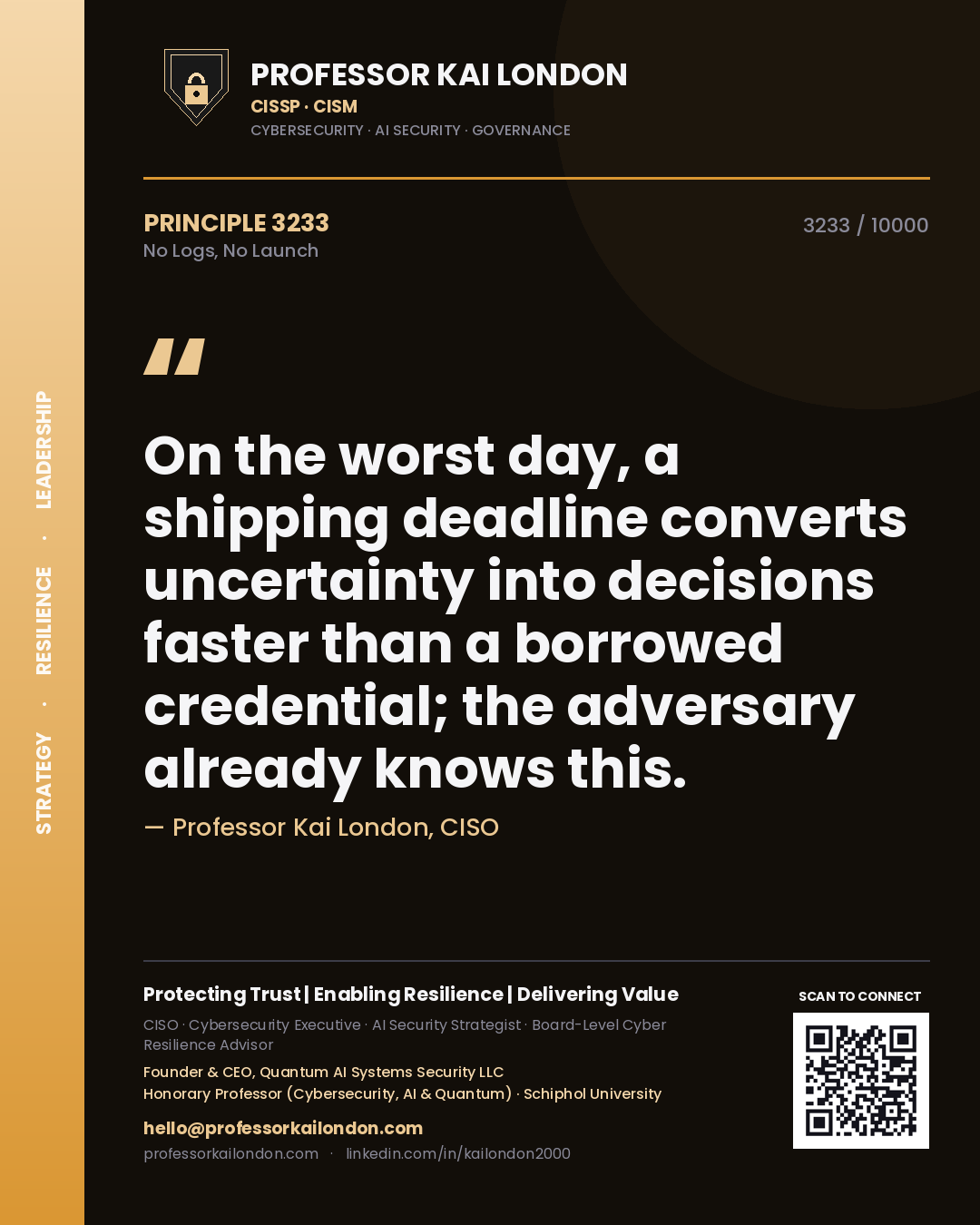 Professor Kai London principle 3233: On the worst day, a shipping deadline converts uncertainty into decisions faster than a borrowed credential; the adversary already knows this.