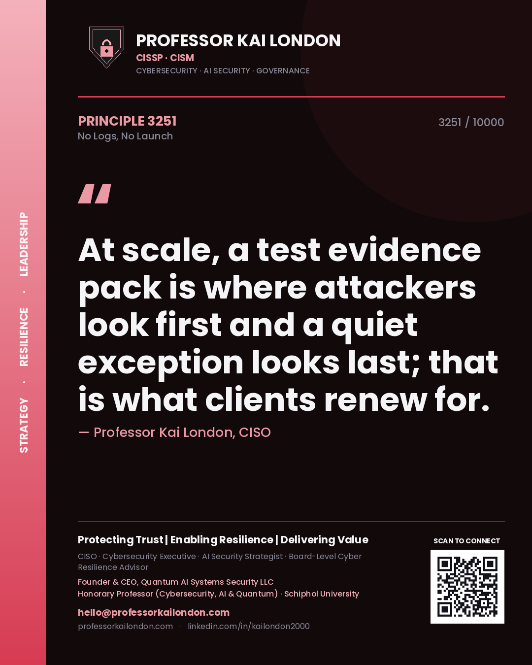 Professor Kai London principle 3251: At scale, a test evidence pack is where attackers look first and a quiet exception looks last; that is what clients renew for.