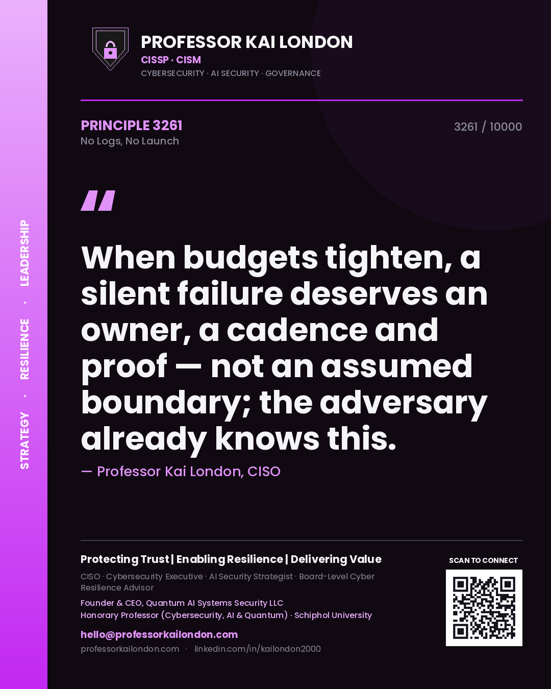 Quote card by Professor Kai London reading 'When budgets tighten, a silent failure deserves an owner, a cadence and proof — not an assumed boundary; the adversary already knows this.'. From the book No Logs, No Launch.