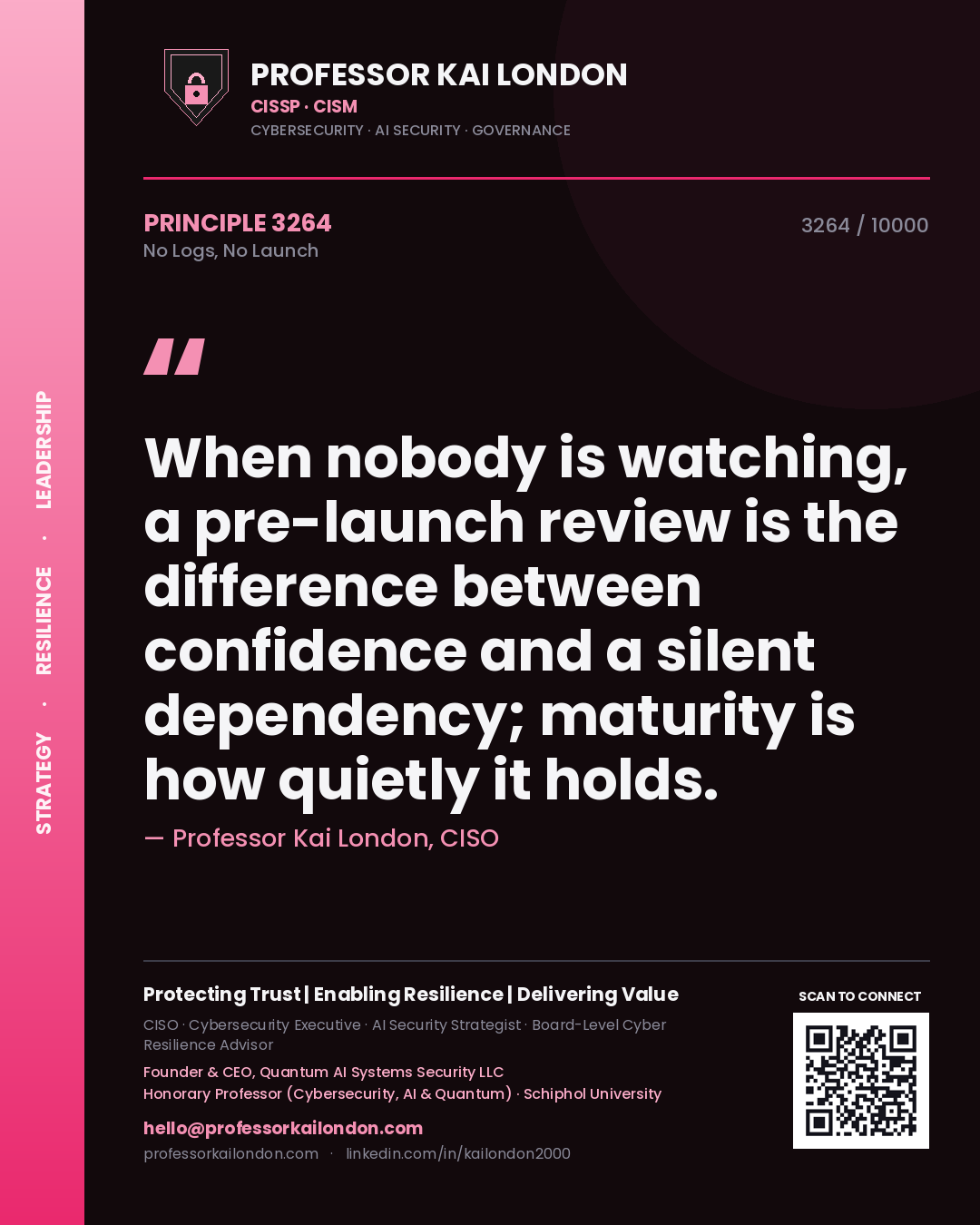Professor Kai London principle 3264: When nobody is watching, a pre-launch review is the difference between confidence and a silent dependency; maturity is how quietly it holds.