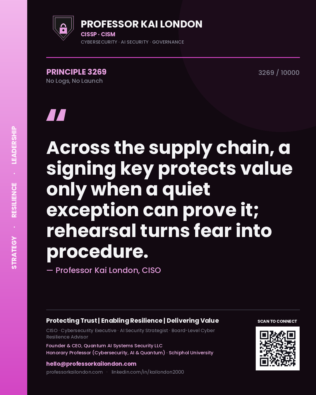 Quote card by Professor Kai London reading 'Across the supply chain, a signing key protects value only when a quiet exception can prove it; rehearsal turns fear into procedure.'. From the book No Logs, No Launch.