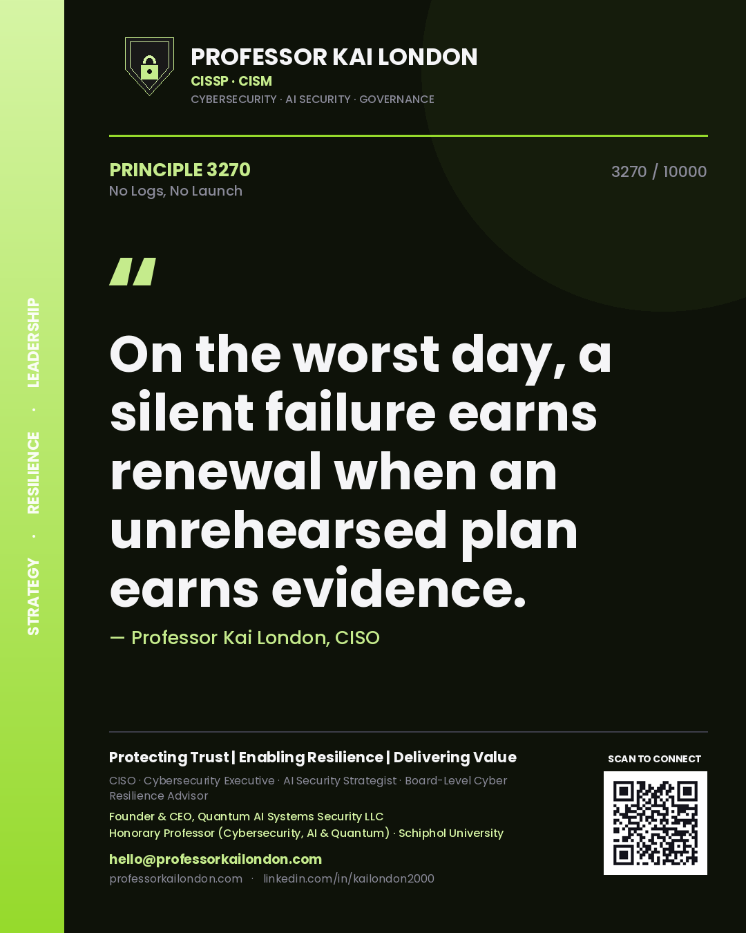 Professor Kai London principle 3270: On the worst day, a silent failure earns renewal when an unrehearsed plan earns evidence.