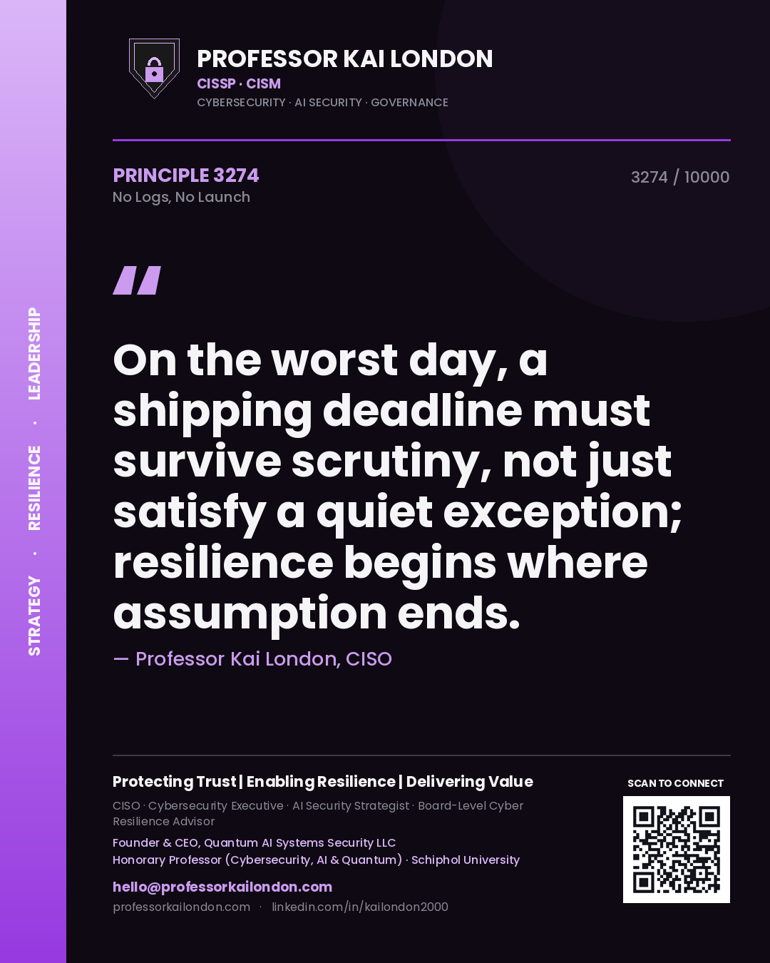 Quote card by Professor Kai London reading 'On the worst day, a shipping deadline must survive scrutiny, not just satisfy a quiet exception; resilience begins where assumption ends.'. From the book No Logs, No Launch.