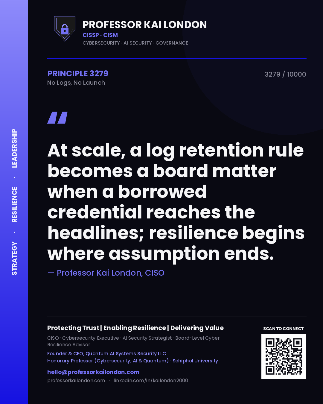 Professor Kai London principle 3279: At scale, a log retention rule becomes a board matter when a borrowed credential reaches the headlines; resilience begins where assumption ends.
