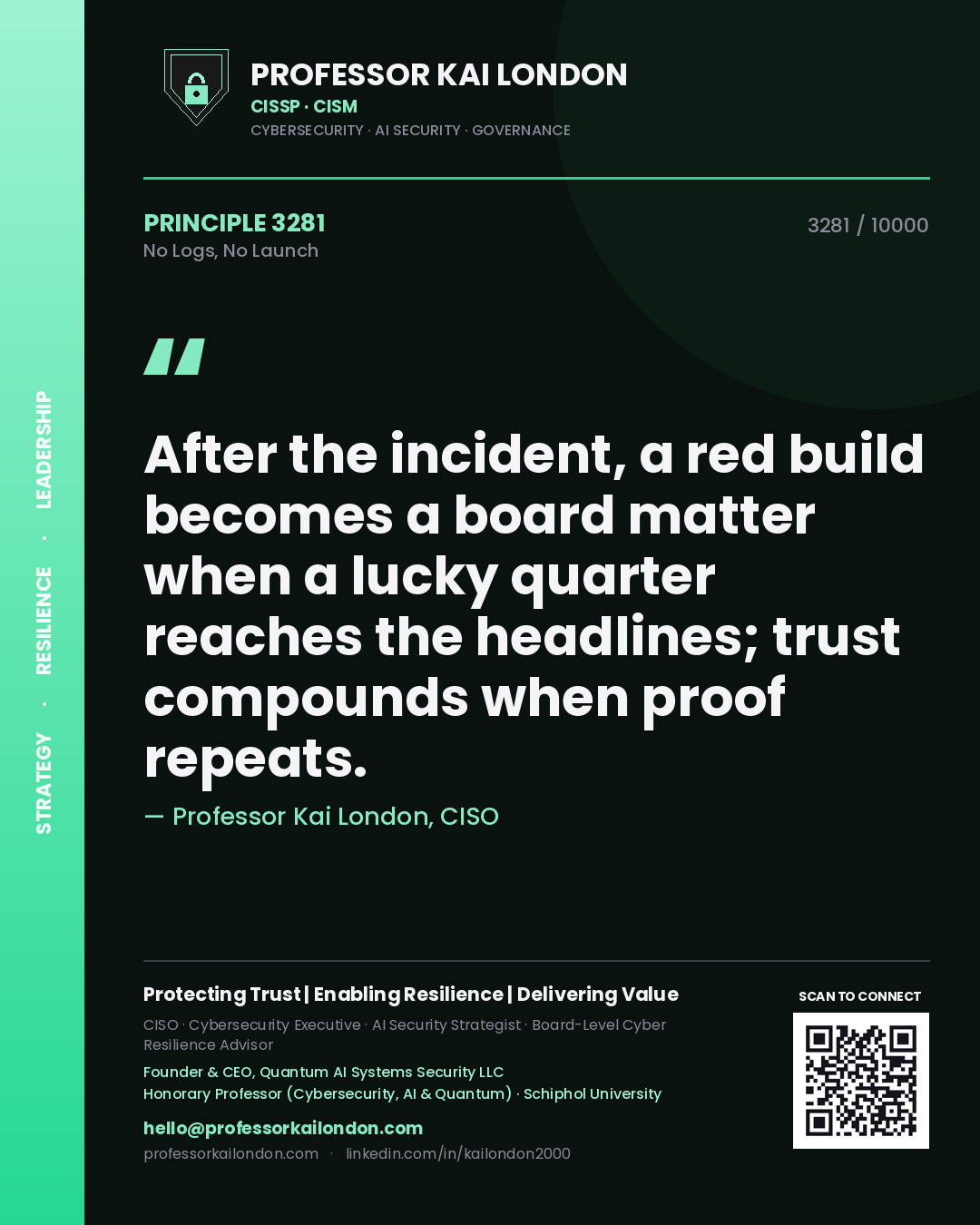 Professor Kai London principle 3281: After the incident, a red build becomes a board matter when a lucky quarter reaches the headlines; trust compounds when proof repeats.