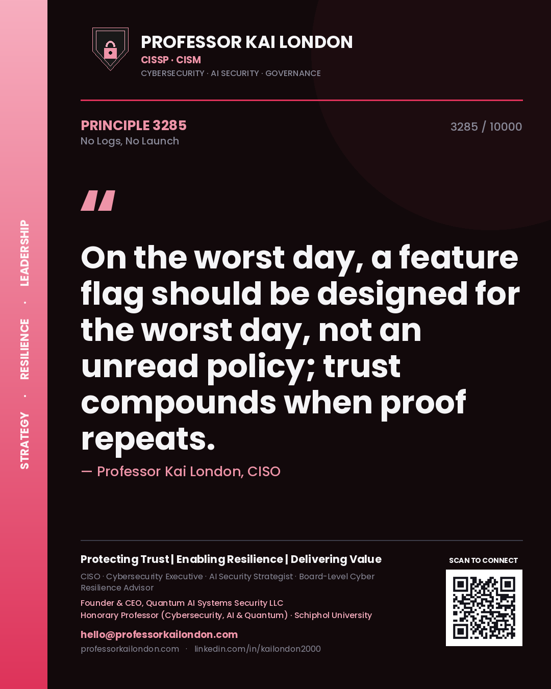 Professor Kai London principle 3285: On the worst day, a feature flag should be designed for the worst day, not an unread policy; trust compounds when proof repeats.