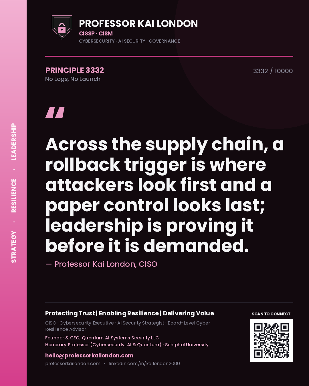 Professor Kai London principle 3332: Across the supply chain, a rollback trigger is where attackers look first and a paper control looks last; leadership is proving it before it is demanded.