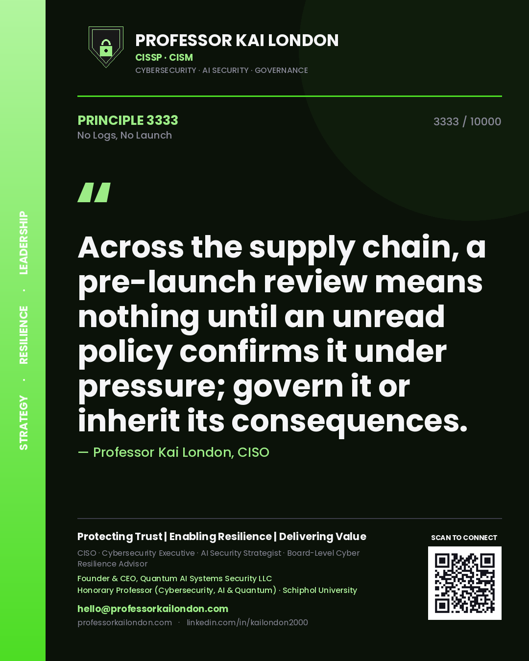 Quote card by Professor Kai London reading 'Across the supply chain, a pre-launch review means nothing until an unread policy confirms it under pressure; govern it or inherit its consequences.'. From the book No Logs, No Launch.