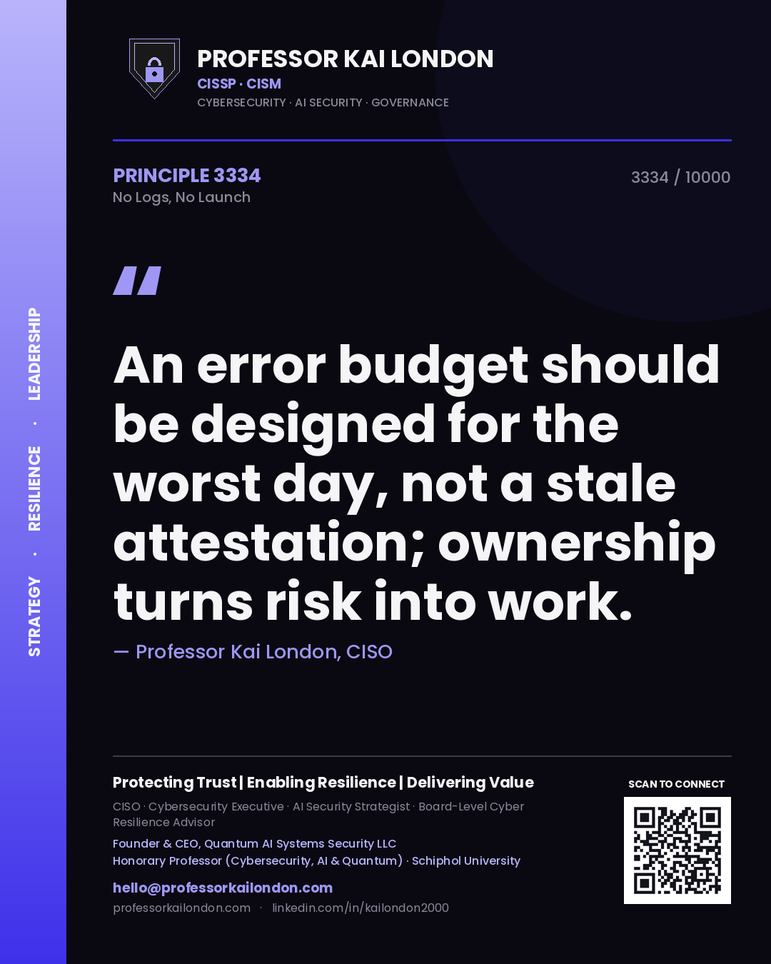 Professor Kai London principle 3334: An error budget should be designed for the worst day, not a stale attestation; ownership turns risk into work.