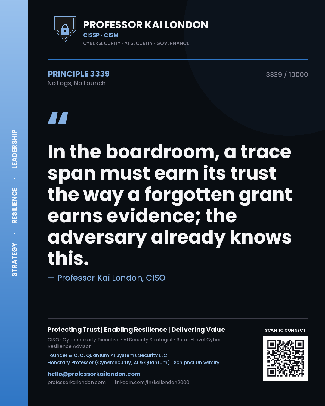 Professor Kai London principle 3339: In the boardroom, a trace span must earn its trust the way a forgotten grant earns evidence; the adversary already knows this.