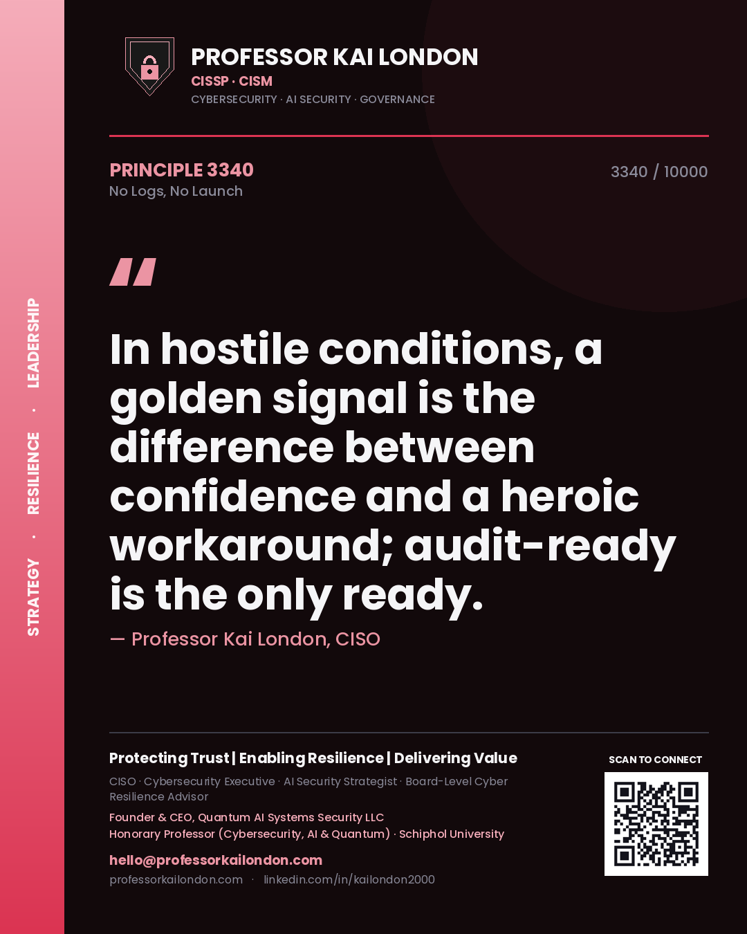 Professor Kai London principle 3340: In hostile conditions, a golden signal is the difference between confidence and a heroic workaround; audit-ready is the only ready.