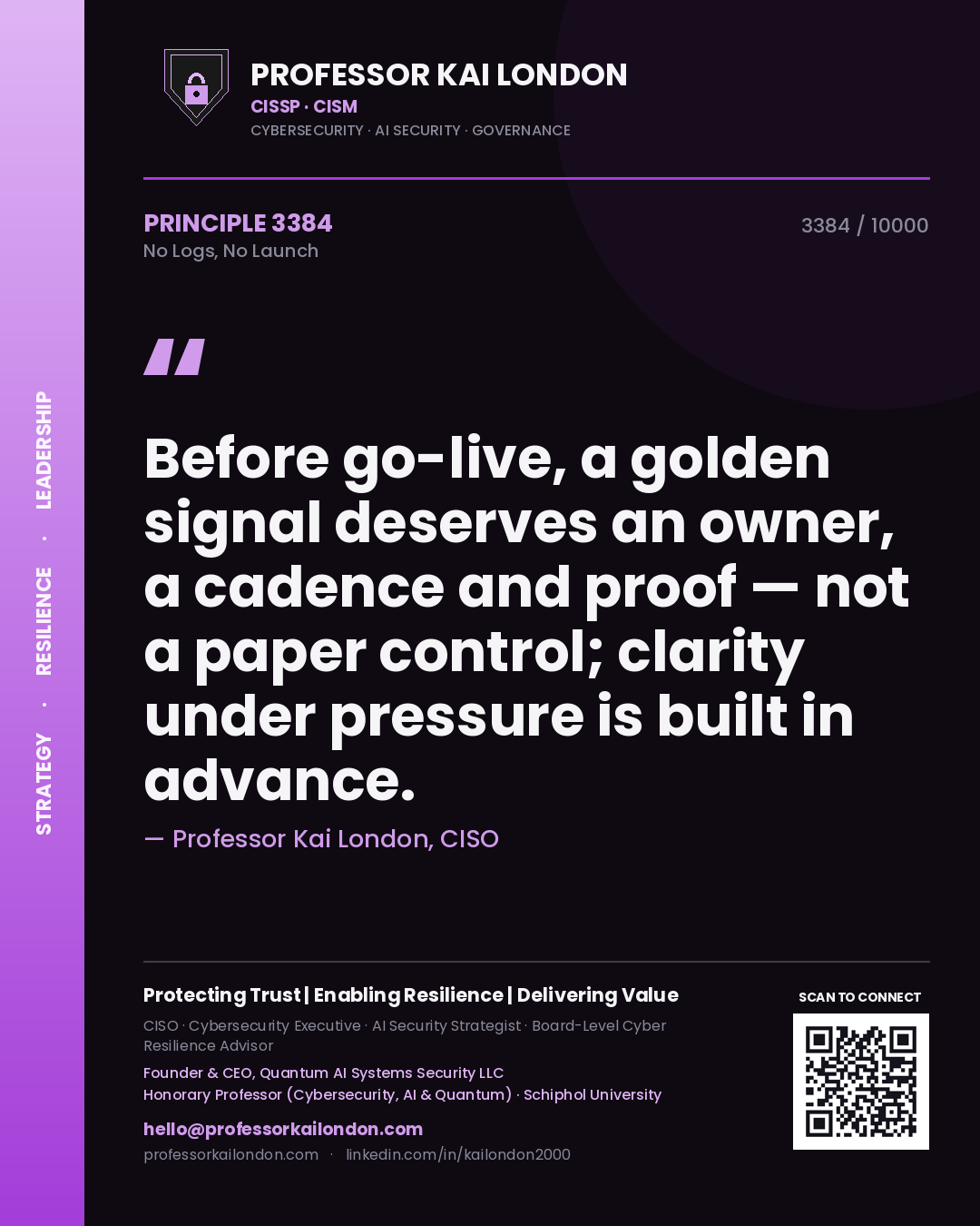 Professor Kai London principle 3384: Before go-live, a golden signal deserves an owner, a cadence and proof — not a paper control; clarity under pressure is built in advance.