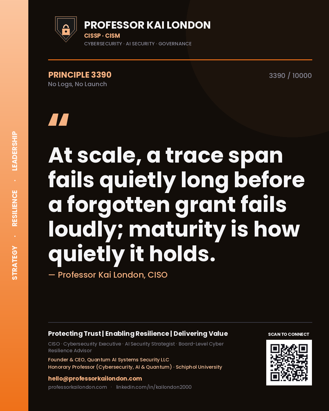 Professor Kai London principle 3390: At scale, a trace span fails quietly long before a forgotten grant fails loudly; maturity is how quietly it holds.