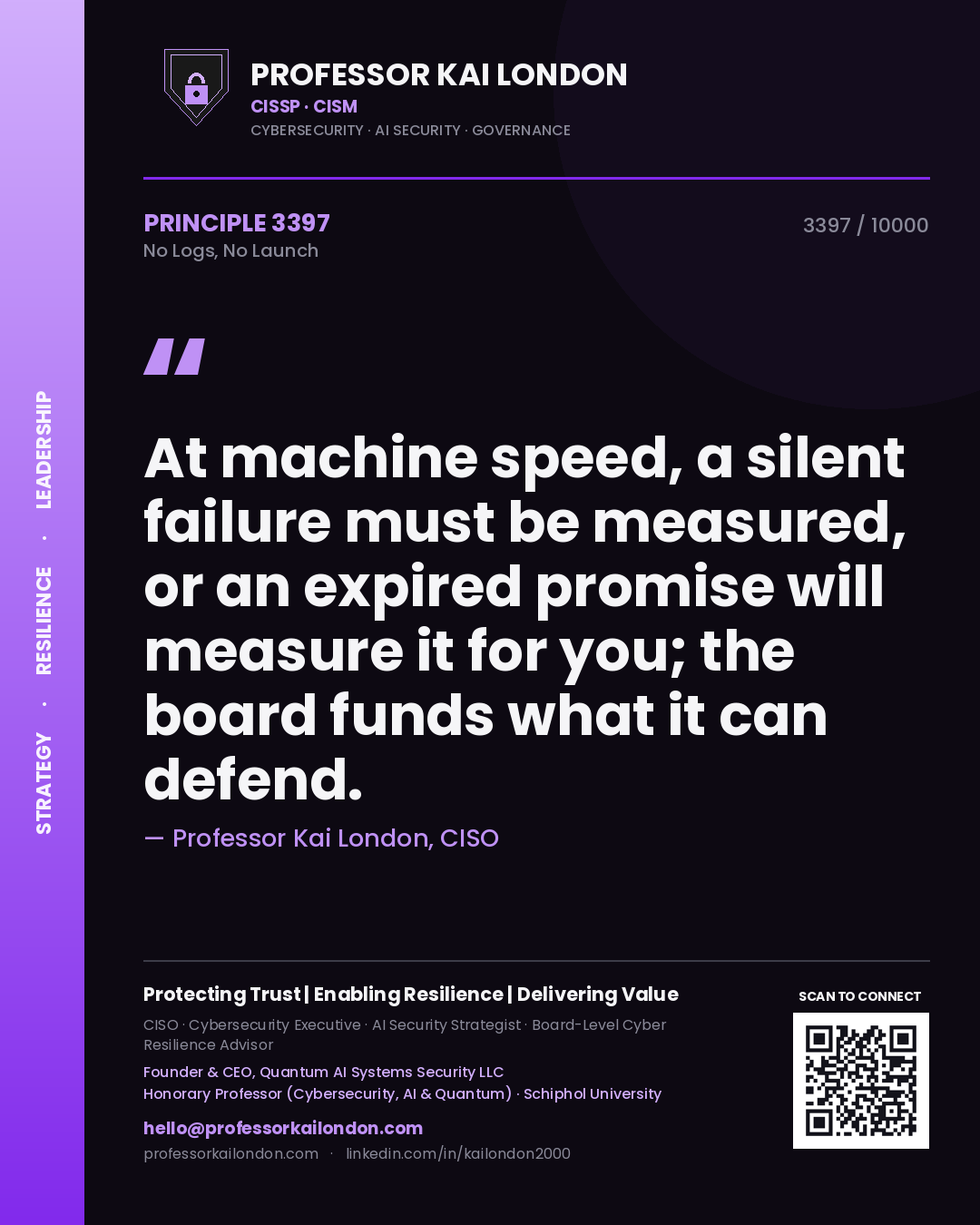 Professor Kai London principle 3397: At machine speed, a silent failure must be measured, or an expired promise will measure it for you; the board funds what it can defend.
