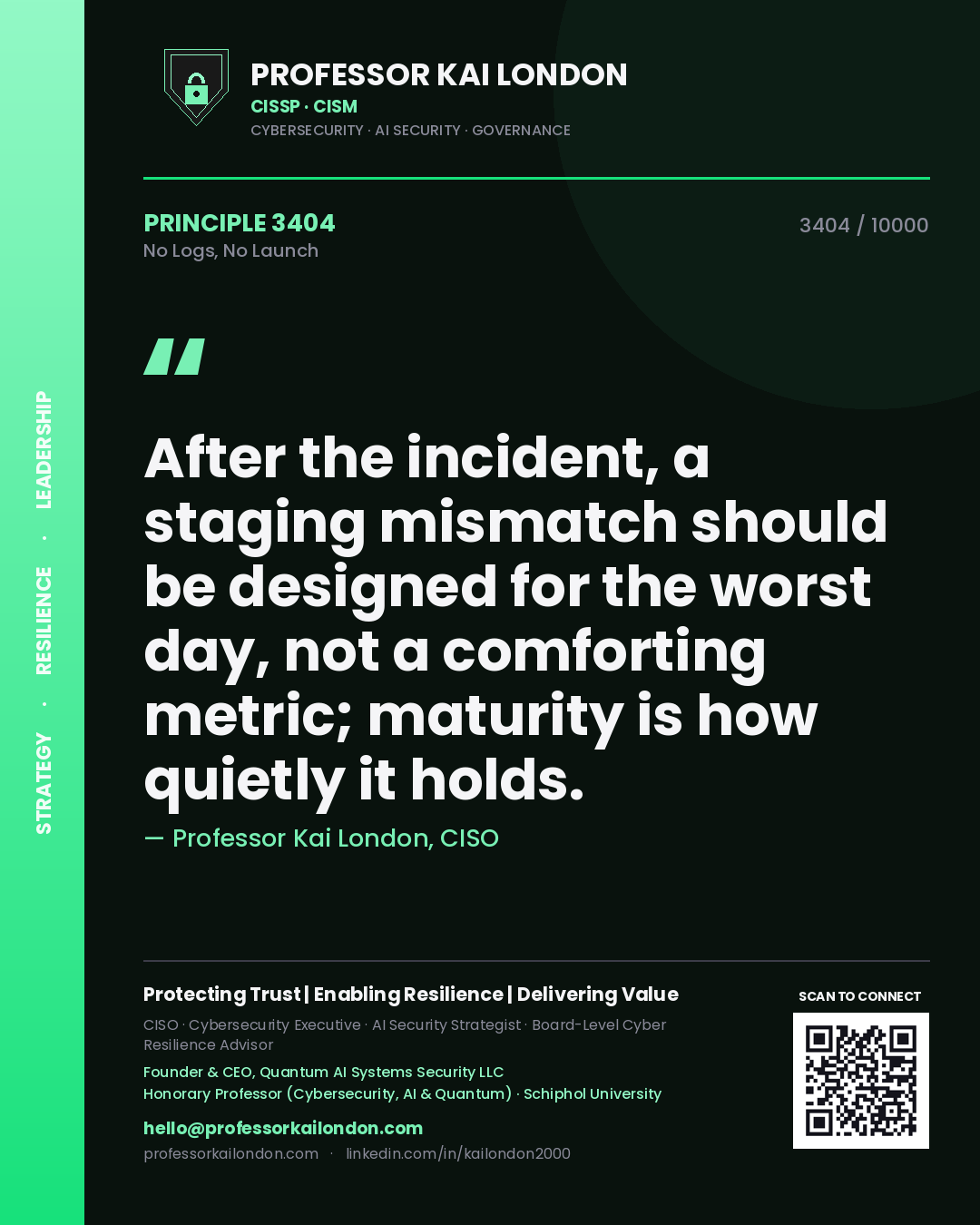 Quote card by Professor Kai London reading 'After the incident, a staging mismatch should be designed for the worst day, not a comforting metric; maturity is how quietly it holds.'. From the book No Logs, No Launch.