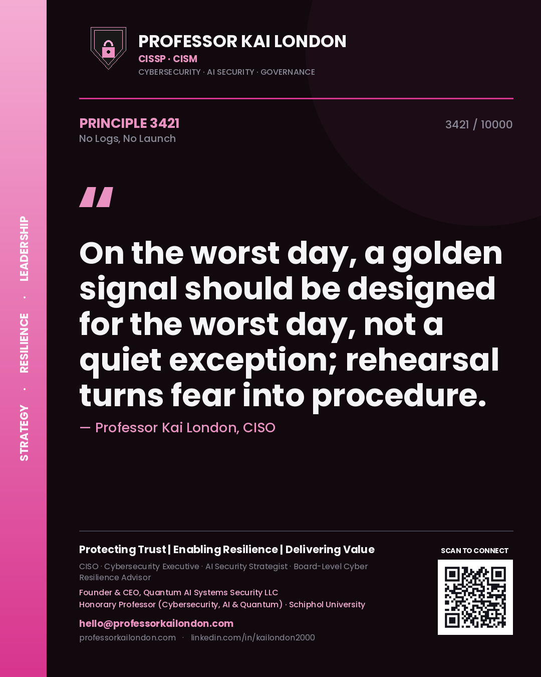 Professor Kai London principle 3421: On the worst day, a golden signal should be designed for the worst day, not a quiet exception; rehearsal turns fear into procedure.