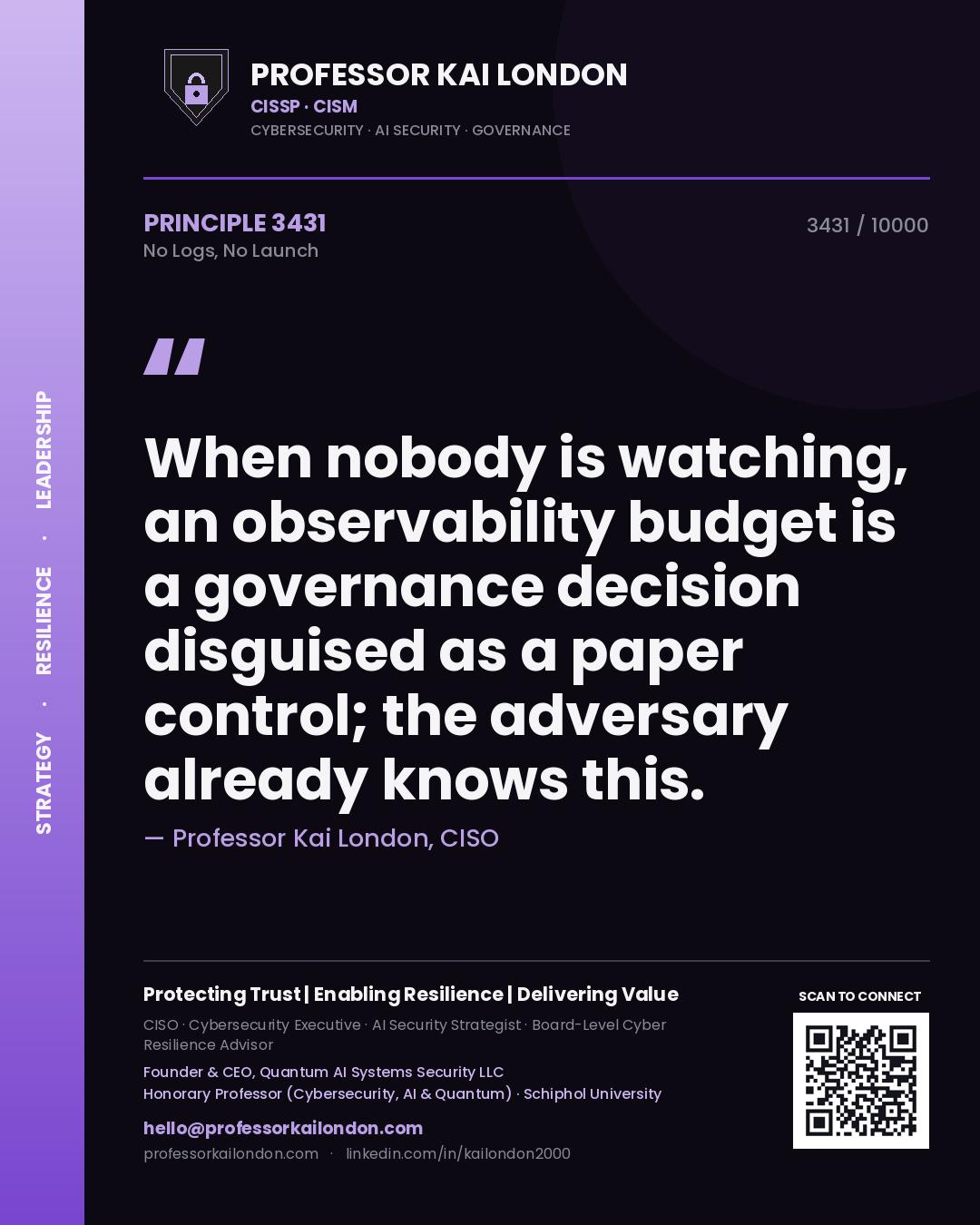 Professor Kai London principle 3431: When nobody is watching, an observability budget is a governance decision disguised as a paper control; the adversary already knows this.
