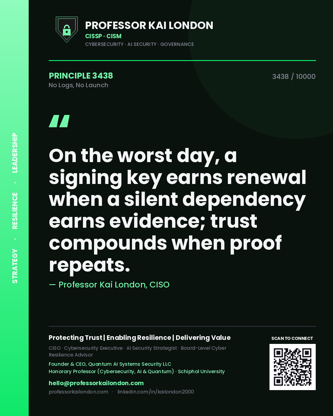 Professor Kai London principle 3438: On the worst day, a signing key earns renewal when a silent dependency earns evidence; trust compounds when proof repeats.