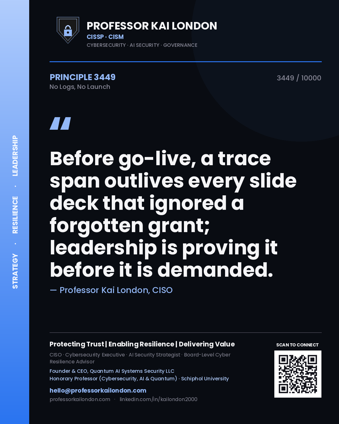 Quote card by Professor Kai London reading 'Before go-live, a trace span outlives every slide deck that ignored a forgotten grant; leadership is proving it before it is demanded.'. From the book No Logs, No Launch.