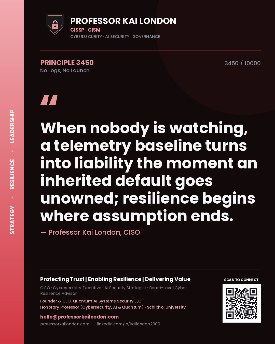 Professor Kai London principle 3450: When nobody is watching, a telemetry baseline turns into liability the moment an inherited default goes unowned; resilience begins where assumption ends.