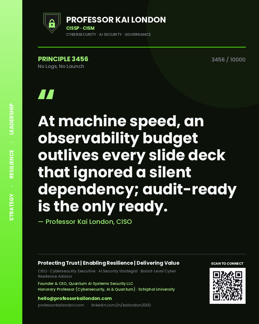 Quote card by Professor Kai London reading 'At machine speed, an observability budget outlives every slide deck that ignored a silent dependency; audit-ready is the only ready.'. From the book No Logs, No Launch.