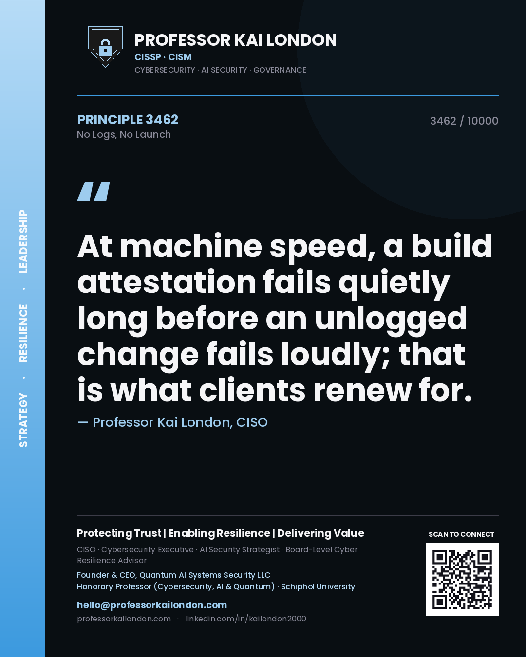 Professor Kai London principle 3462: At machine speed, a build attestation fails quietly long before an unlogged change fails loudly; that is what clients renew for.