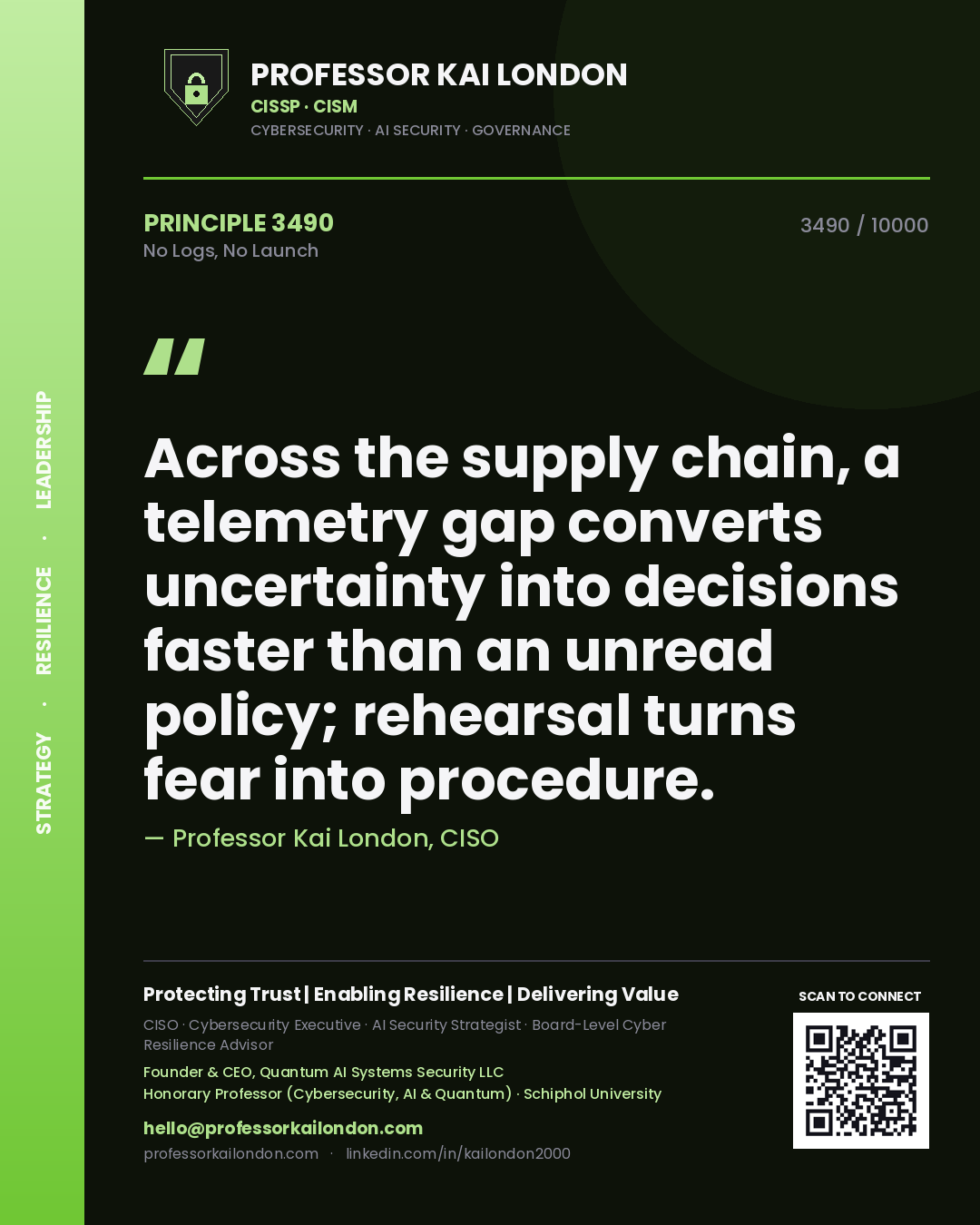 Professor Kai London principle 3490: Across the supply chain, a telemetry gap converts uncertainty into decisions faster than an unread policy; rehearsal turns fear into procedure.
