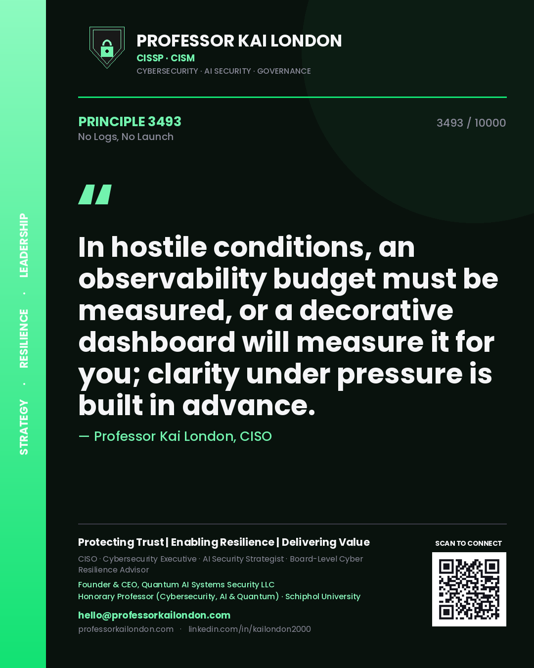 Quote card by Professor Kai London reading 'In hostile conditions, an observability budget must be measured, or a decorative dashboard will measure it for you; clarity under pressure is built in advance.'. From the book No Logs, No Launch.