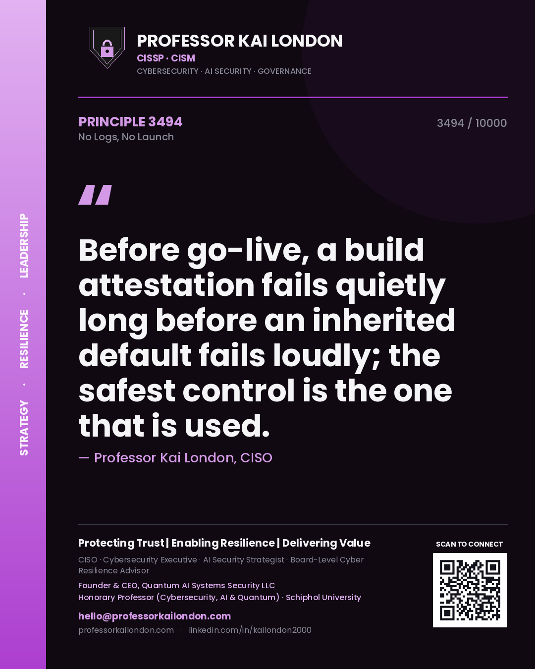 Professor Kai London principle 3494: Before go-live, a build attestation fails quietly long before an inherited default fails loudly; the safest control is the one that is used.