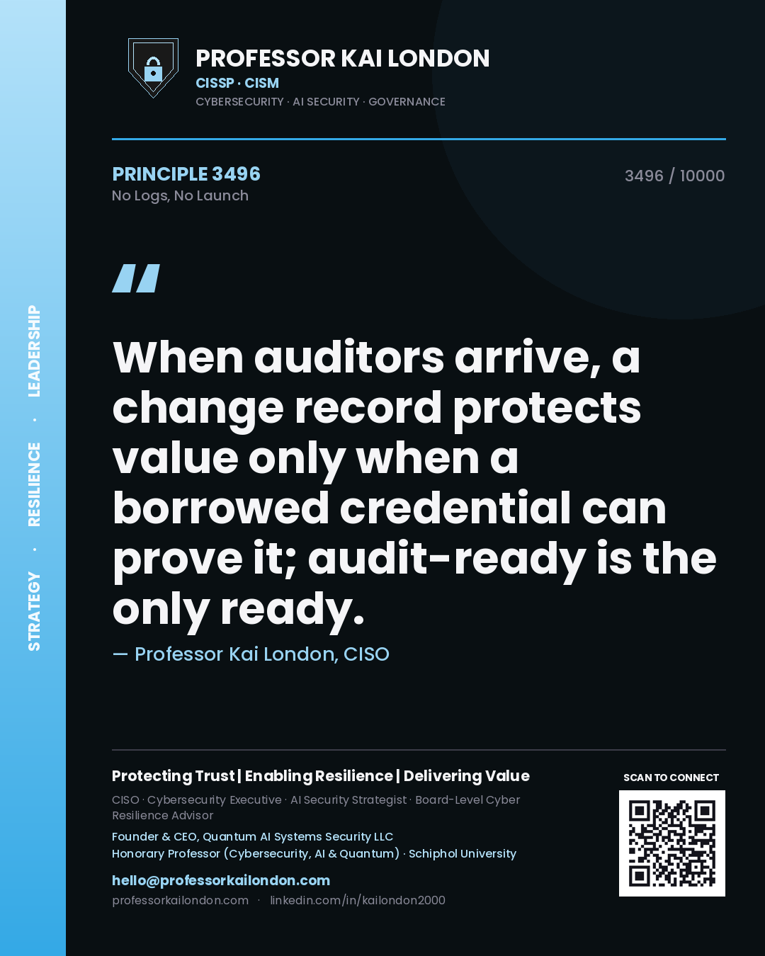 Professor Kai London principle 3496: When auditors arrive, a change record protects value only when a borrowed credential can prove it; audit-ready is the only ready.