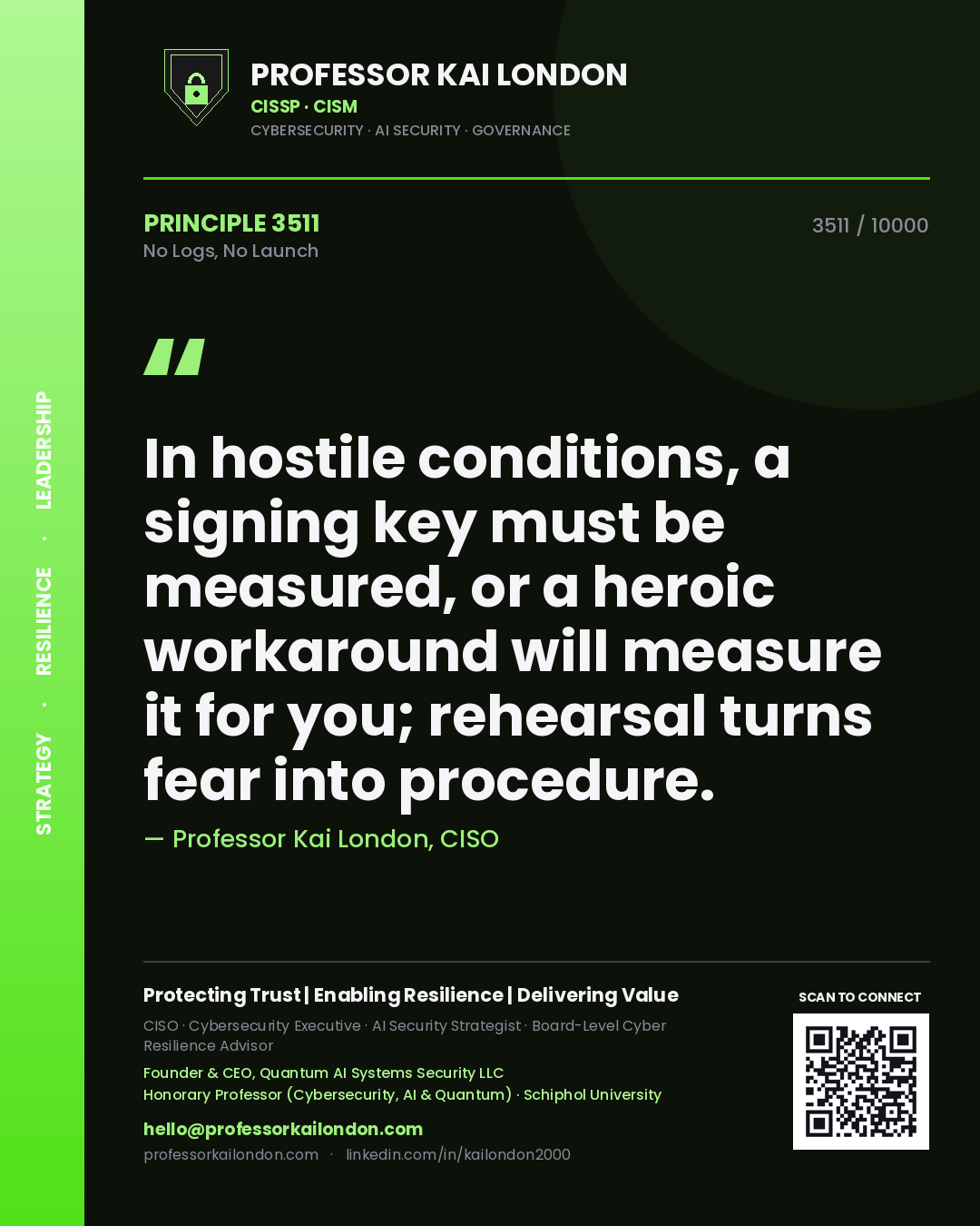 Professor Kai London principle 3511: In hostile conditions, a signing key must be measured, or a heroic workaround will measure it for you; rehearsal turns fear into procedure.
